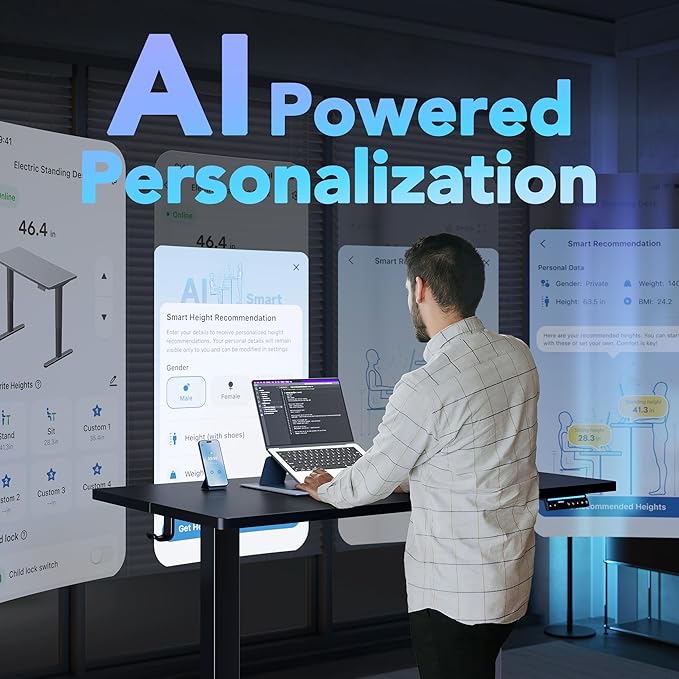 HUANUO 32" AI Smart Standing Desk with App-Synced Sedentary Reminders, Electric Height Adjustable Desk with Body-Data Ergonomic Presets, Voice Control Alexa/Google/Siri, 3 Memory Settings Table, Black
