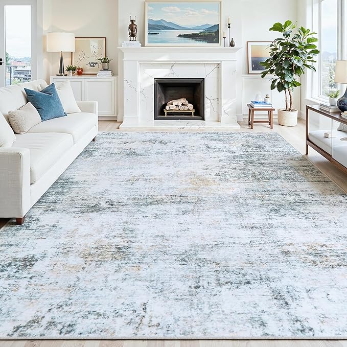 8x10 Area Rugs Washable Rug:Anti-Skid Abstract Modern Living Room Rug Soft Thin Carpets Indoor Floor Non-Shedding Carpet for Bedroom Dining Farmhouse Nursery Home Office(Blue/Grey/Gold/White, 8x10)