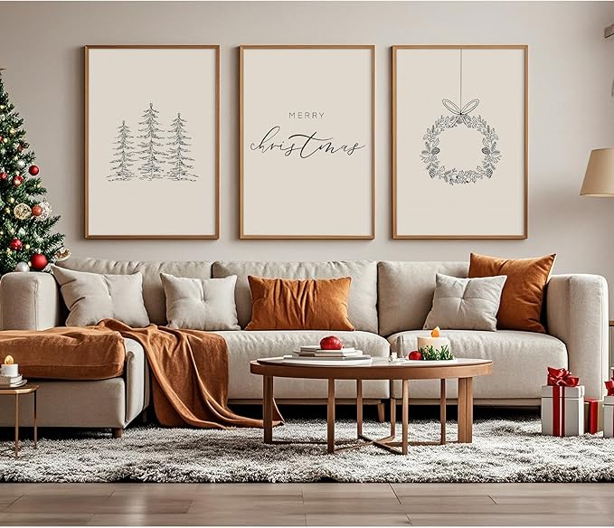 Baccone Christmas Wall Art Winter Xmas Canvas Decor Merry Christmas Wall Art Minimalist Vintage Painting Beige Farmhouse Prints Holiday Poster for Bathroom 16x24x3 Inch Unframed