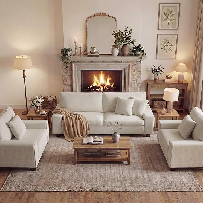DOPEDIO Modern Living Room Sofa Set, 71.25" Chenille Loveseat with 2 Accent Chairs, Removable Covers, Spring Cushions, Solid Wood Frame, Easy Assembly（71.25inch+2 Single,Beige）