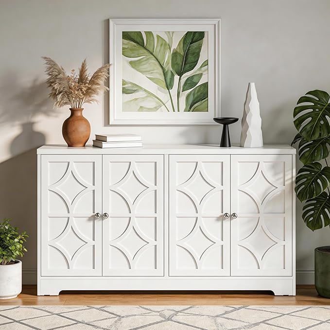 RoyalCraft Sideboard Buffet Cabinet with Storage, 56" Modern Sideboard with 4 Carved Doors and Adjustable Shelves, Large Wood Coffee Bar Console Table for Kitchen, Dining Room, Satin White