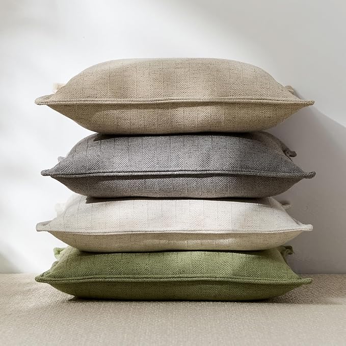 DEZENE 12x20 Linen Pillow Covers Natural Beige Pack of 2 Farmhouse Boho Neutral Accents Striped Textured Rectangular Lumbar Decorative Throw Pillow Cases for Living Room Couch Bed Home Decor