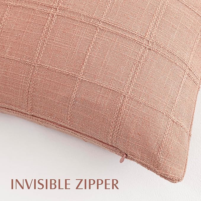 Foindtower Set of 2 Decorative Linen Check Throw Pillow Covers Neutral Farmhouse Vintage Cushion Covers Modern Boho Accent Home Decor for Sofa Chair Couch Bedroom Living Room,26×26 Inch,Coral Pink