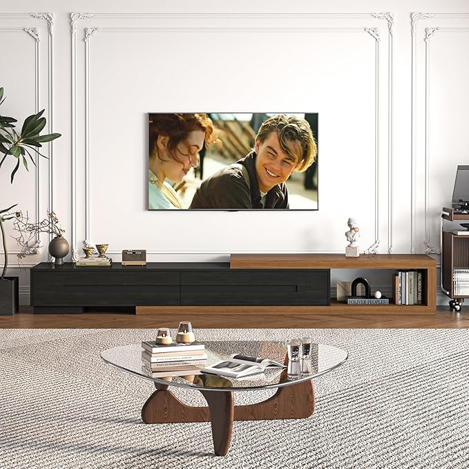 Extendable TV Stand with 2 Drawers, 80"-115" Modern Wood TV Console for Up to 120 Inch TV, Long Reversible Entertainment Center with Storage for Living Room Bedroom, Black& Walnut