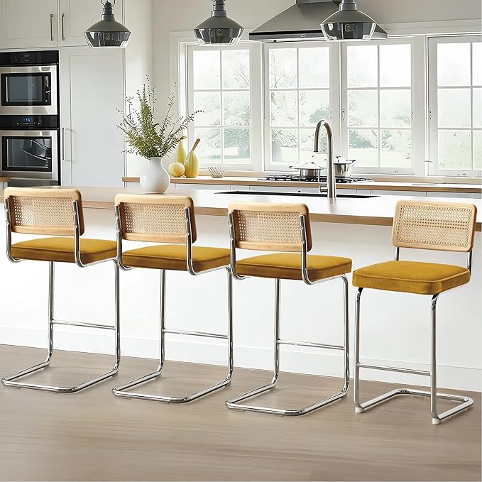 Zesthouse Natural Rattan Counter Stools Set of 4, 26" Modern Bar Stools with Solid Wood Back & Chrome Base, Yellow Velvet Counter Height Barstools, Mid Century Cantilever High Chair for Kitchen Island