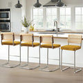 Zesthouse Natural Rattan Counter Stools Set of 4, 26" Modern Bar Stools with Solid Wood Back & Chrome Base, Yellow Velvet Counter Height Barstools, Mid Century Cantilever High Chair for Kitchen Island