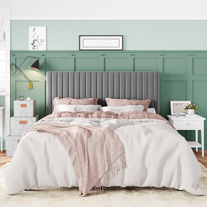 Allewie Full Bed Frame, Velvet Upholstered Platform Bed with Adjustable Vertical Channel Tufted Headboard, Mattress Foundation with Strong Wooden Slats, Box Spring Optional, Easy Assembly, Grey