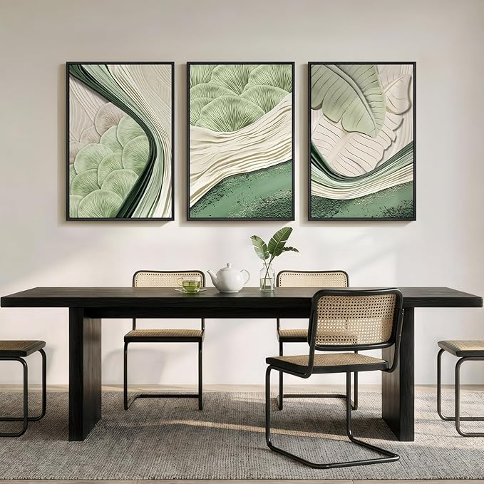 Framed Green Abstract Wall Art Bedroom, 3 Piece Botanical Modern Minimalist Canvas Print Artwork for Walls, Leaf Paintings Pictures for Small Living Room Dining Room Office Wall Art Decor, 16x24 Inch