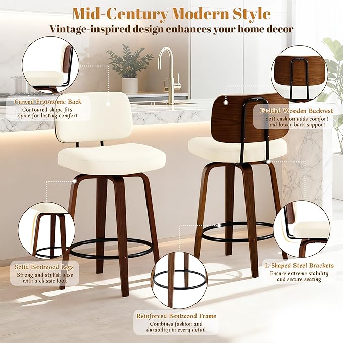 Counter Height Bar Stools Set of 4, 26+inch Swivel Faux Leather Barstool with Back, Upholstered Mid-Century Modern Bar Chairs with Bent Wood Legs for Kitchen Counter, Dining Room, Cream White