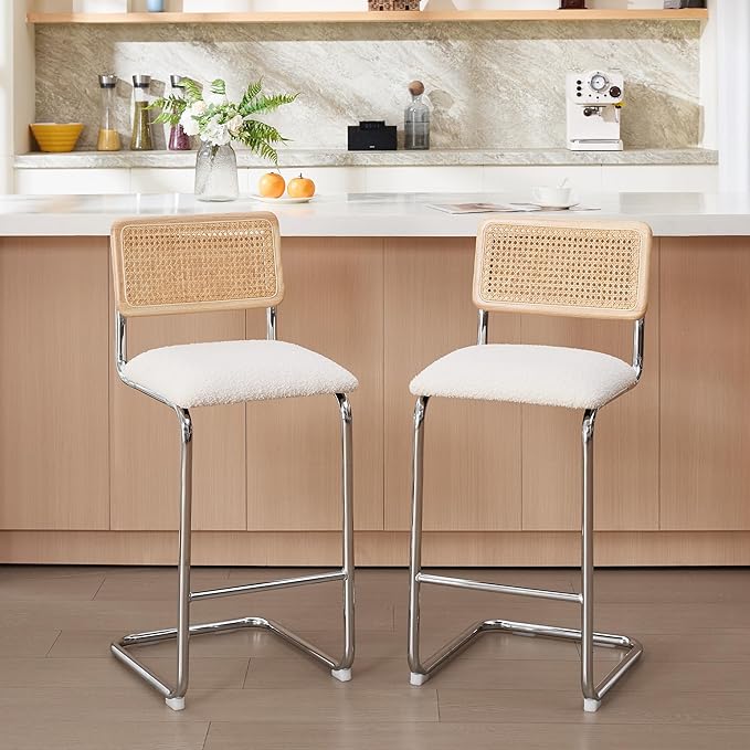 Zesthouse Rattan Bar Stools Set of 4, 30'' Upholstered Boucle Fabric Barstools with Wooden Back & Natural Cane Mesh, Mid Century Modern Bar Height Chairs with Chrome Base for Kitchen, White Barstools