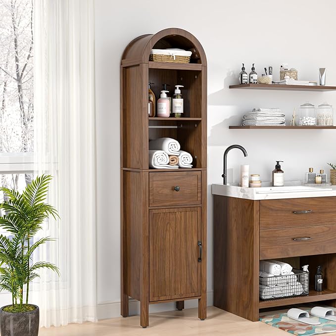 Lxsxlome 64" Tall Bathroom Storage Cabinet with Adjustable Shelves,Tall Narrow Arched Freestanding Tower Cabinet with Fluted Doors and Drawers,Space Saving Organizer for Bathroom Living Room (Walnut)