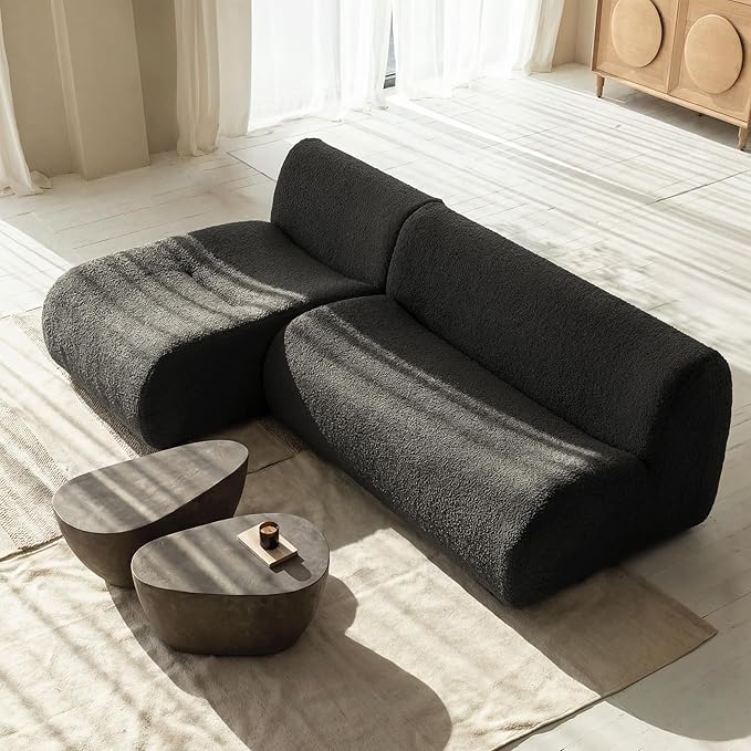 Boneless 3 Seater Sofa with Chaise Set, 92" Modular Sectional Couch, Reversible L-Shaped Couches with Deep Seat, Grey Curved Sherpa Sofas for Small Living Room, Bedroom, Apartment– No Assembly