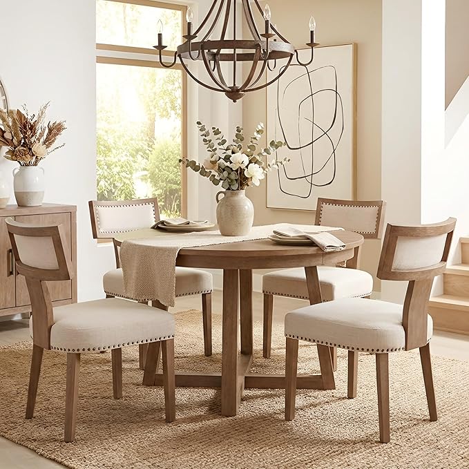HNY Mid Century Modern Dining Chairs Set of 6, Farmhouse Linen Fabric Upholstered Accent Chairs Curved Nailhead Trim Backrest Kitchen Chairs, with Hardwood Frame, Beige