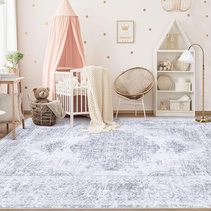 XLUEZ Area Rug 5x7 Living Room Rug, Machine Washable Vintage Distressed Medallion Rug Non-Slip Soft Low Pile Large Indoor Rugs for Bedroom Kitchen Dining Room Office(LightGrey,5'x7')