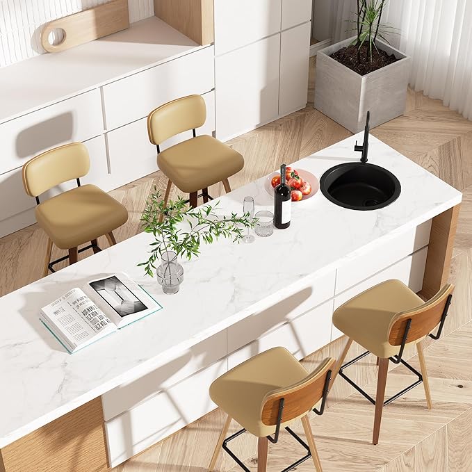 Swivel Bar Stools Set of 4, 26" Upholstered Faux Leather Counter Height Barstools with Walnut Back & Bentwood Legs, Mid Century Modern Bar Chairs Island Stools for Kitchen Counter, Khaki
