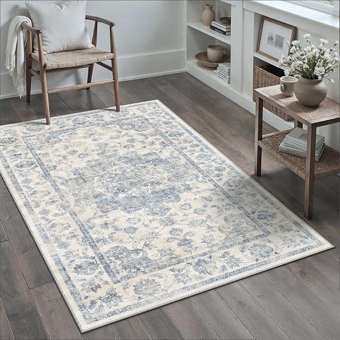4x5 Washable Neutral Area Rug Blue Vintage Entryway Office Carpet Non-Slip Soft Low Pile Farmhouse Indoor Throw Rug for Living Room Bathroom Dining Room