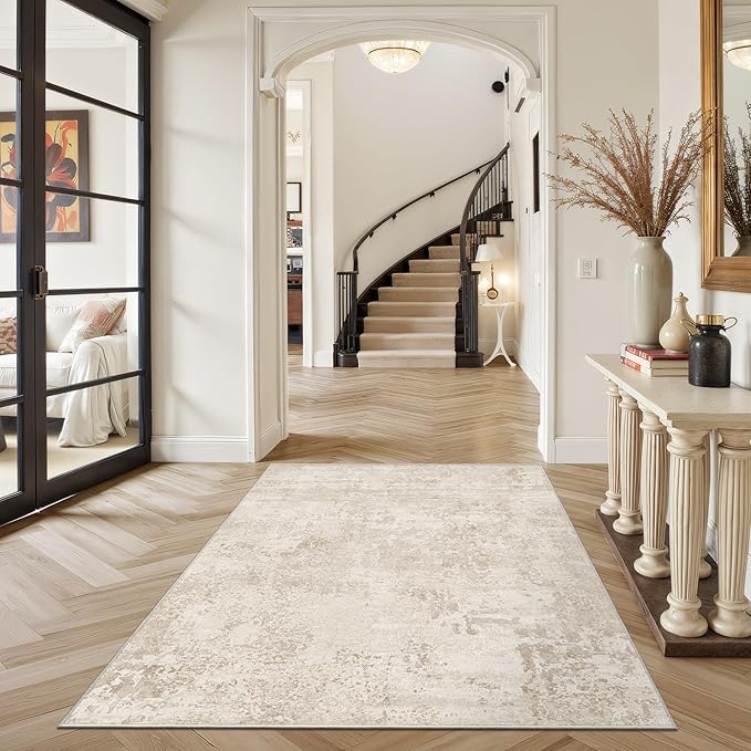 Art&Tuft Washable Rugs 3x5, Anti-Slip Backing Abstract 3x5 Rug, Stain Resistant Rugs for Living Room, Foldable Machine Washable Area Rug (3'x5', Beige)