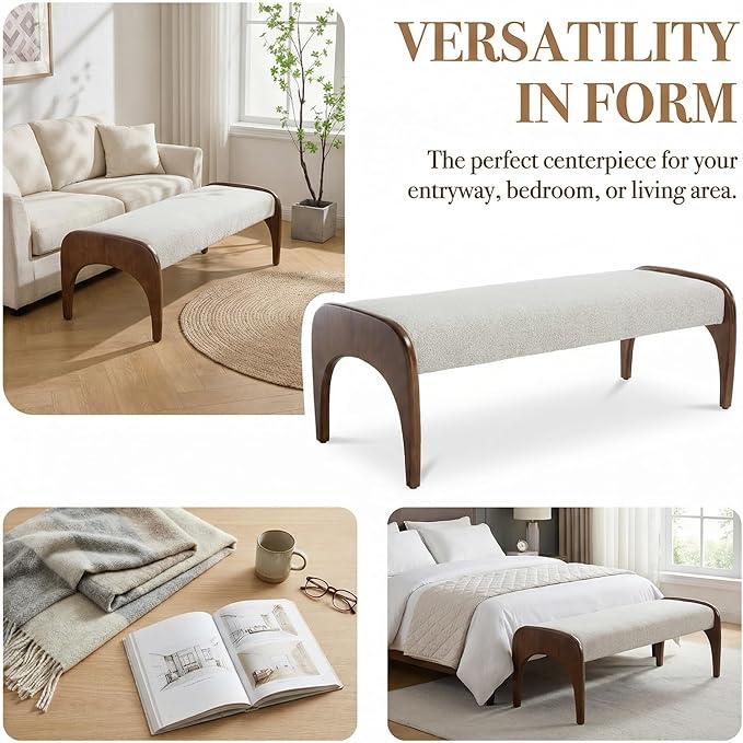 LukeAlon 51-Inch Extra Long Upholstered Bench with Cute Solid Walnut Rubber Wood Legs, Minimalist Bed End Bench for Bedroom, Living Room, Dining Table, Entryway Hallway Seat, Fur Fabric in Beige