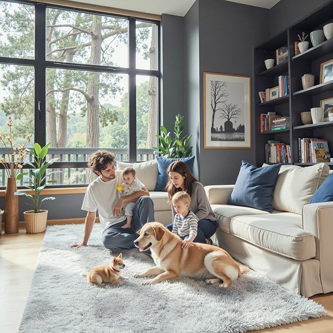 Area Rugs 9x12 Living Room, Large Area Rug Shag Shaggy Carpet Soft Plush Furry Bedside Rug, Machine Washable Area Rugs for Bedroom Kids Girls Boys Anti Slip(9 x 12, Light Grey Tie-Dyed)