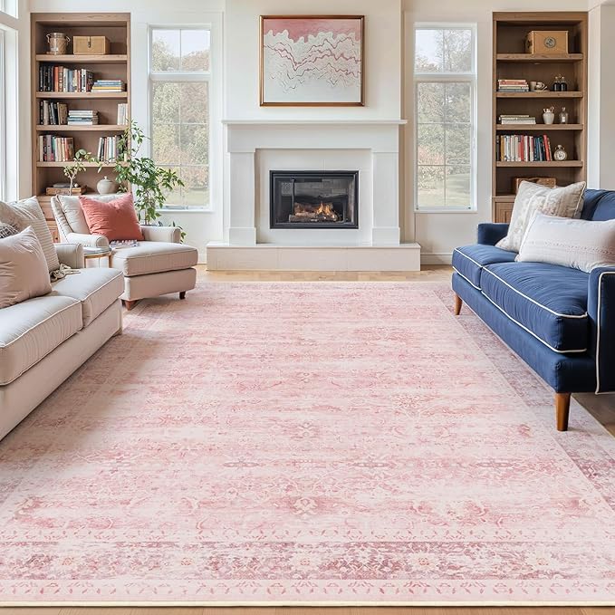 Pink Rug for Living Room 6x9, Aesthetic Distressed Area Rugs for Bedroom Girls Non Slip, Washable Low Pile Thin Carpet Rugs for Nursery Kids Baby Room Dorm, Playroom Rug Dining Room