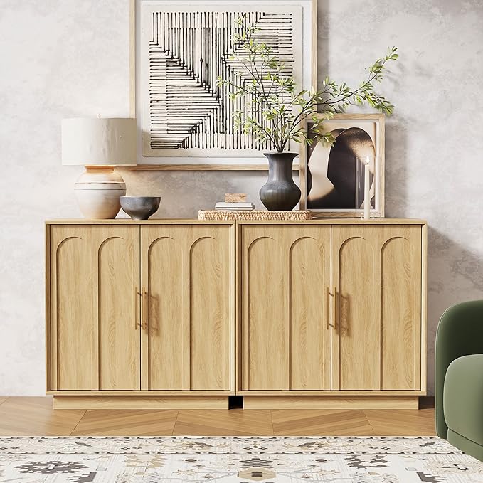 FORTUNETEC Sideboard Buffet Cabinet with Storage Set of 3, Mid Century Modern Accent Cabinet with Arched Doors, Modular Media Console, Credenza for Living Room Kitchen Dining Room Entryway, Oak