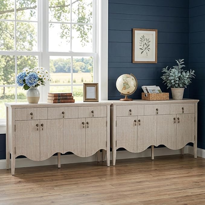 FUSUNBAO 57-Inch Sideboard Buffet Cabinet with 3 Drawers and 4 Doors, Vintage Fluted Sideboard with Scalloped Base, Vintage Storage Cabinet for Dining Room, Organic Modern Accent Cabinet, White Oak
