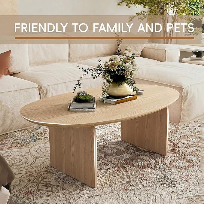 Honyee Oval Coffee Table, 47.2" Wood Coffee Table for Living Room, Modern Wooden Center Table with Solid Wood Veneer Legs, Sturdy Rounded Edge Design, Easy Assembly, Apartment Friendly, Natural