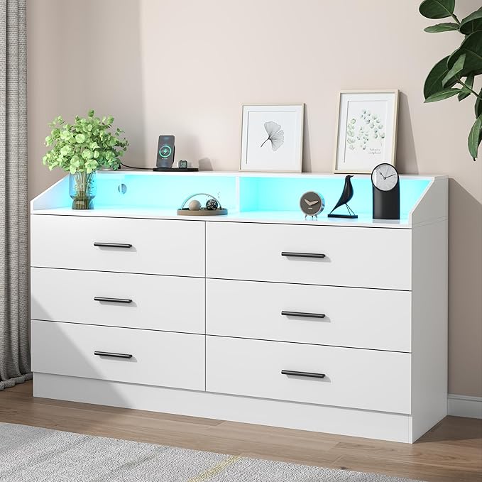 Gyfimoie 6 Drawer Dresser with Power Outlet, Chest of Drawers with LED Light, Modern Dresser with Open Storage Cubby, Double Wide Dressers Organizer for Bedroom, Living Room, Entryway, Hallway