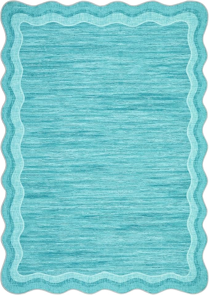 Garvee Scalloped 5x7 Rugs Washable Area Rugs for Living Room,Modern Stain Resistant Solid Rug for Bedroom Kids Room, Scalloped Low Pile Non-Slip Neutral Rug for Dining Room Home Office Dorm,Teal