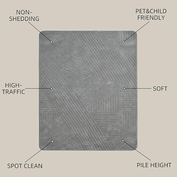 Gray 8x10 Modern Geometric Area Rug – Washable Living Room Rug, Minimalist Linear Carpet with Soft High-Low Pile, Fluffy Floor Rugs for Bedroom, Kids Room, Nursery, Home Décor, Grey