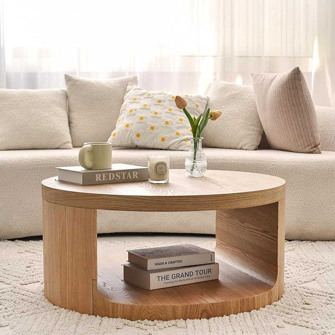 Round Coffee Table with Storage, 31" Modern Living Room Table, 2 Tier Circle Wood Center Tables for Apartment, Living Room, Open-Style Storage Tea Tables, 31"*14.1" (Nature Wood)