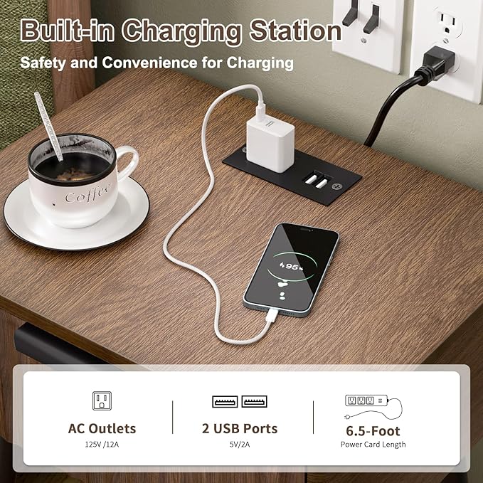 HAIOOU Set of 2 Mid Century Nightstand with Charging Station, End Table Modern Side Table One Drawer with Premium Matte Black Handle and Pine Wood Legs for Home Bedroom Living Room