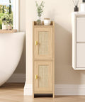 Akxomel Rattan Small Bathroom Cabinet with 2 Doors, 7.9''D x 7.9''W Narrow Toilet Paper Storage Cabinet, Bathroom Organizer for Small Spaces, Wooden Slim Corner Unit with Adjustable Shelf, Natural Oak