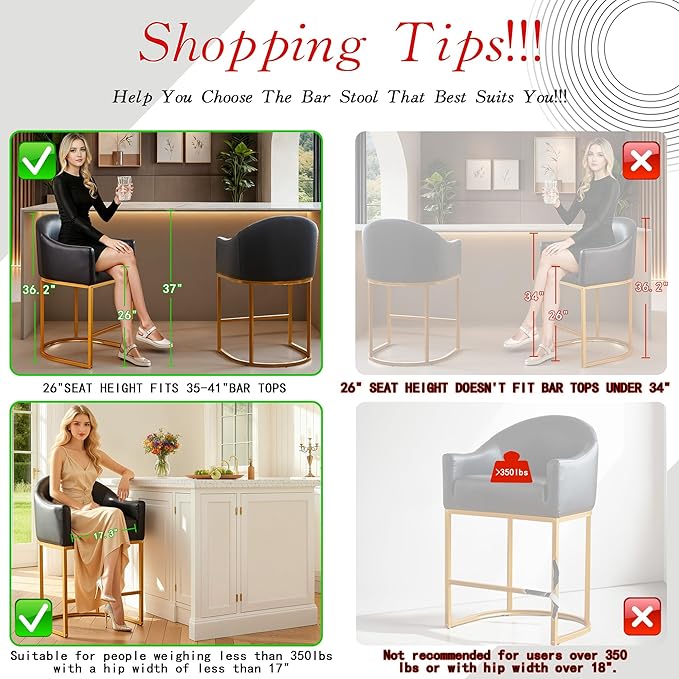 26" Modern Counter Height Bar Stools,Barstools with Arms,Kitchen Island Chairs,PU Leather Upholstered Barrel Bar stools with Backs,Metal Gold Frames,Ink Black Leather