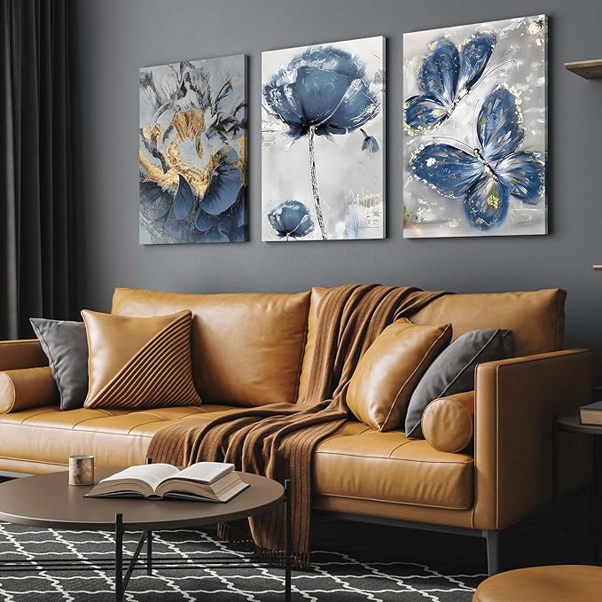 3 Piece Wall Art Framed Canvas Wall Art Blue and Gold Butterfly and Flower Pictures Wall Decor for Living Room Bedroom Bathroom Office – Ready to Hang with Hooks and Nails, 12x16 Inch