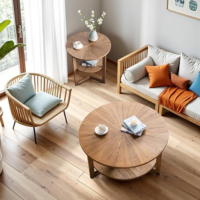 Round Coffee Table, 35" Circle Wood Coffee Table with Storage Shelf, 2 Tier Center Table for Living Room Apartment Home Furniture, Easy Assembly (Espresso,35" Dx35 Wx18 H)