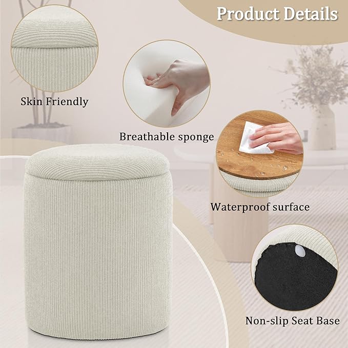 YSICK Round Ottoman with Storage, Set of 2, Small Vanity Stool as Vanity Chair, Corduroy Ottoman Foot Rest for Small Space, Living Room, Bedroom, Beige