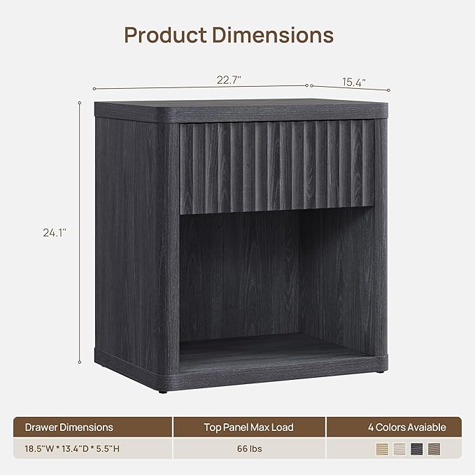 SICOTAS Night Stand Set of 2 Nightstands with Drawer Storage Fluted Bed Side Table End Table Large Modern Wide Bedside Mid Century Night Stands for Bedroom Living Room Sofa Office, Dark Grey Alder