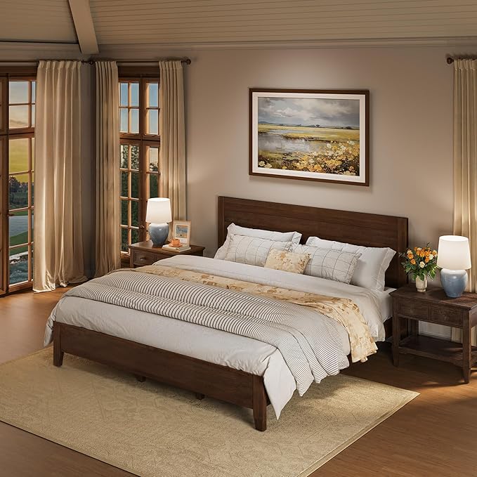 Cozyman King Bed Frame and Headboard, 100% Solid Acacia Wood Platform, 800lb Heavy Duty Support with 10 Reinforced Legs, Noise-Free No Box Spring Needed, Low-Profile Design, Walnut
