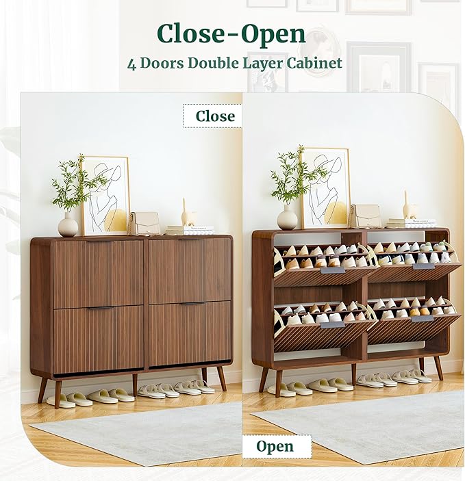 FurSch 47" Fluted Large Shoe Cabinet with 4 Flip Drawers, Slim Freestanding Shoe Cabinet Organizer, Narrow Shoes Storage Rack for Entryway, 5 Sturdy Legs (All Walnut, 9.45" D x 47.24" W x 35.83" H)