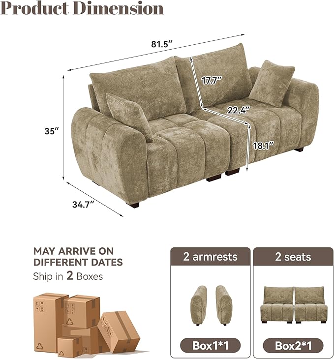 81.5" Chenille Love Seat Sofa, 2 Seater Modular Sectional Couch with Deep Seat, Solid Wood Legs, Cloud Couch for Bedroom, Living Room, Mid Century Modern Loveseat, Tufted Sofa, Brown