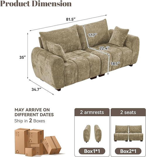 81.5" Chenille Love Seat Sofa, 2 Seater Modular Sectional Couch with Deep Seat, Solid Wood Legs, Cloud Couch for Bedroom, Living Room, Mid Century Modern Loveseat, Tufted Sofa, Brown
