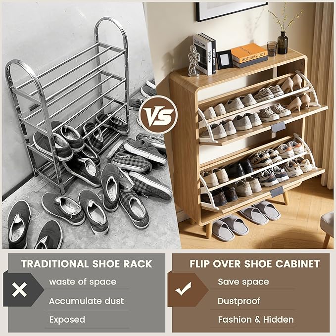 FurSch Fluted Shoe Storage Cabinet with 2 Flip Drawers, Narrow Shoe Rack Cabinet Organizer with Adjustable & Removable Shelves for Entryway (All Natural, 2 Drawers)