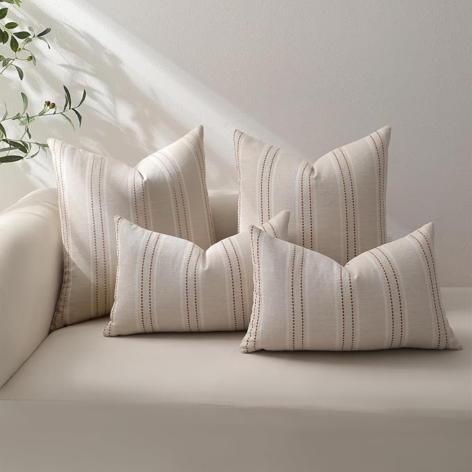 Hckot Fall Throw Pillow Covers 18x18 Set of 2 Striped Pillow Covers Textured Linen Decorative Pillows Square Cushion Covers for Sofa Couch Bed Living Room Farmhouse Decor(Caramel)