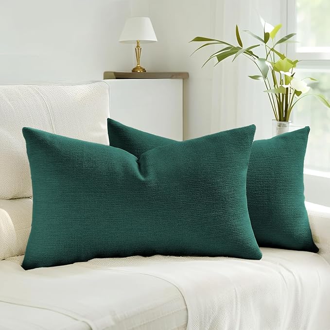 HAUSSY Teal Throw Pillow Covers 12x20 Inch Set of 2,Boho Decorative Faux Linen Lumber Throw Pillows Cozy Farmhouse Accent Cushion Covers,Home Decor for Couch Sofa Bed Living Room