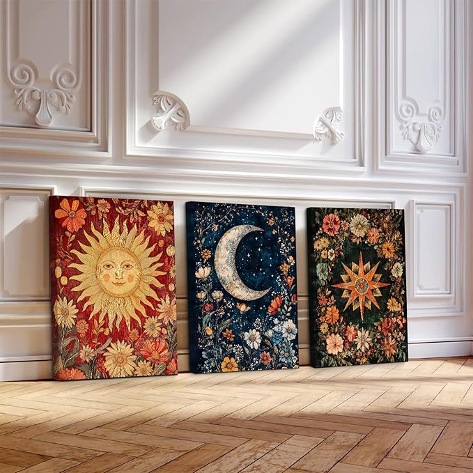 Moon Sun Star Celestial Wall Art Tarot Card Vintage Poster Decor Gothic Witchy Aesthetic Canvas Wall Art Flower Mystical Astrology Painting Dark Academia Poster for Bedroom 12x16x3 Inch Wrapped Canvas