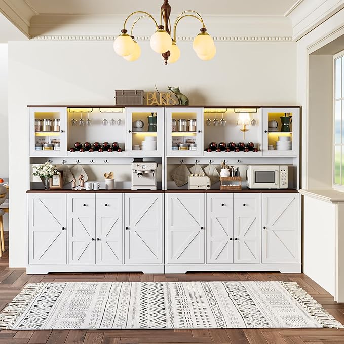 VVFLU 68" Tall Kitchen Pantry Storage Cabinet with Charging Station, 55" Wide Kitchen Hutch Cabinet with Large Countertop, Farmhouse Buffet Cabinet with Wine Holder & Wine Rack for Dining Room, White