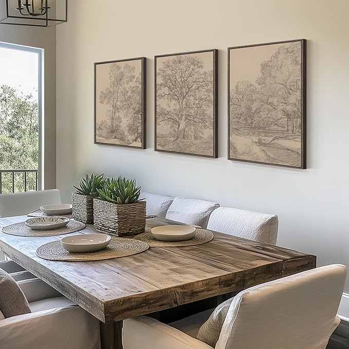 Framed Vintage Tree Sketch Set of 3 Wall Art for Bedroom, Neutral Landscape Antique Brown Canvas Artwork for Walls, Wabi Sabi Forest Rustic Wall Decor for Living Room Hallway Office Kitchen, 16x24 In