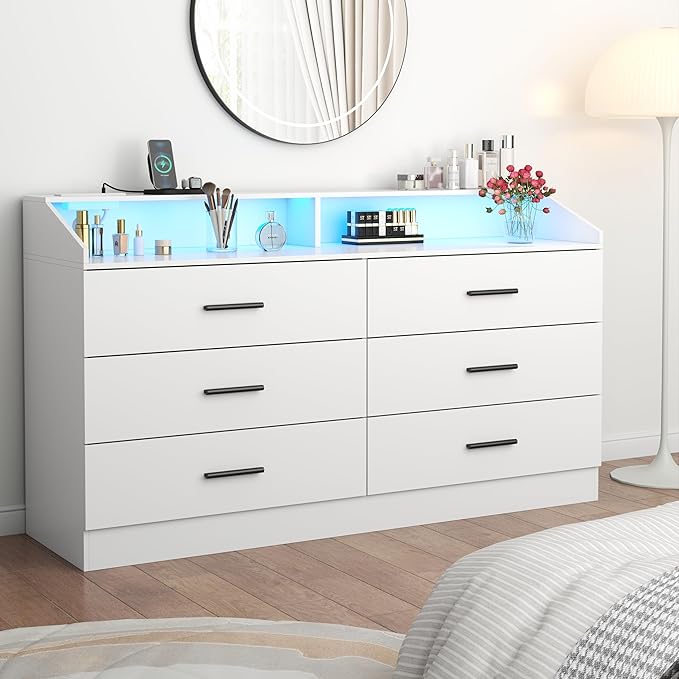 Gyfimoie 6 Drawer Dresser with Power Outlet, Chest of Drawers with LED Light, Modern Dresser with Open Storage Cubby, Double Wide Dressers Organizer for Bedroom, Living Room, Entryway, Hallway