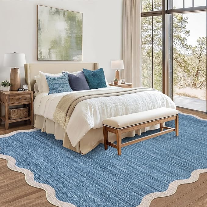 GarveeHome Scalloped Washable Area Rugs 9 x 12 Rug for Living Room Modern Non Slip Throw Rugs Blue Rug Large Bedroom Rugs Low Pile Stain Resistant Carpet for Dining Room Nursery 9 ft x12 ft Blue